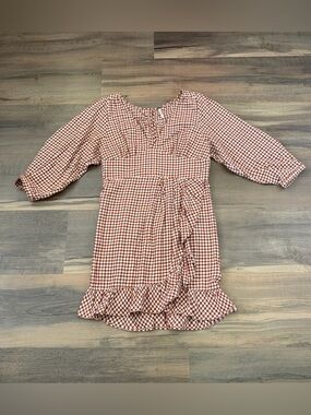 Free People Fargo V-Neck Brick Red Gingham 3/4 Sleeve Ruffle Skirt Dress Size 8